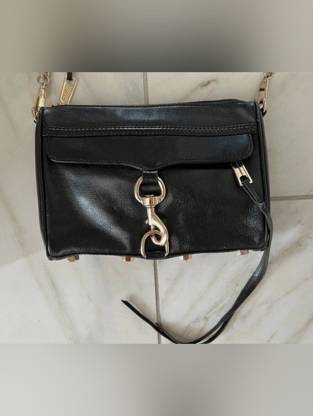 Rebecca Minkoff black pebble leather pockets semi chain strap crossbody bag